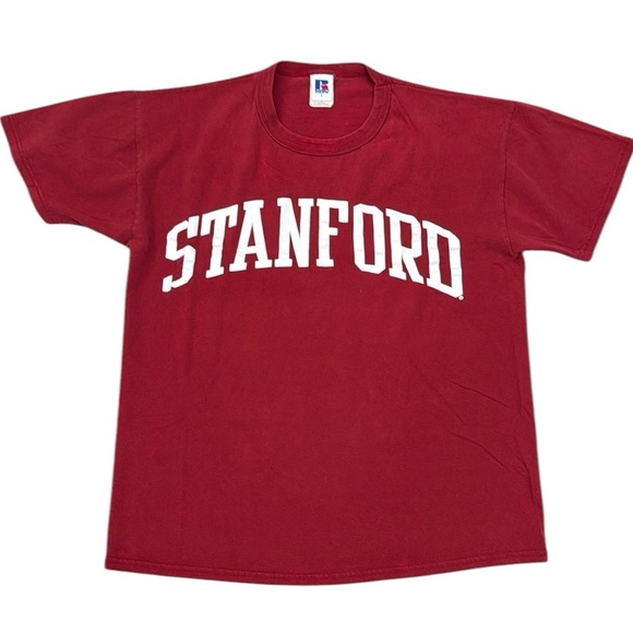Vintage Russell Athletic Men’s Stanford Tee All Cotton Red White Spell Out Large - Picture 1 of 10